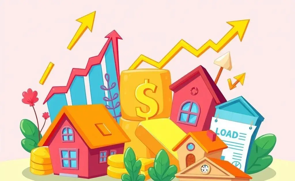 Cartoon-style image of a diverse set of investment icons like stocks, bonds, real estate, and gold.