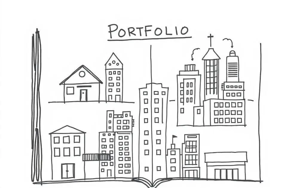 A hand drawing of a portfolio showcasing different types of real estate investments like residential, commercial, and retail properties