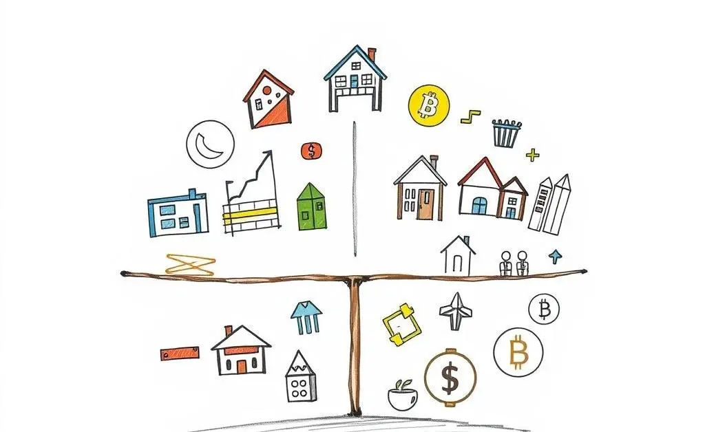 Hand-drawn image of a balanced portfolio with diverse investment icons
