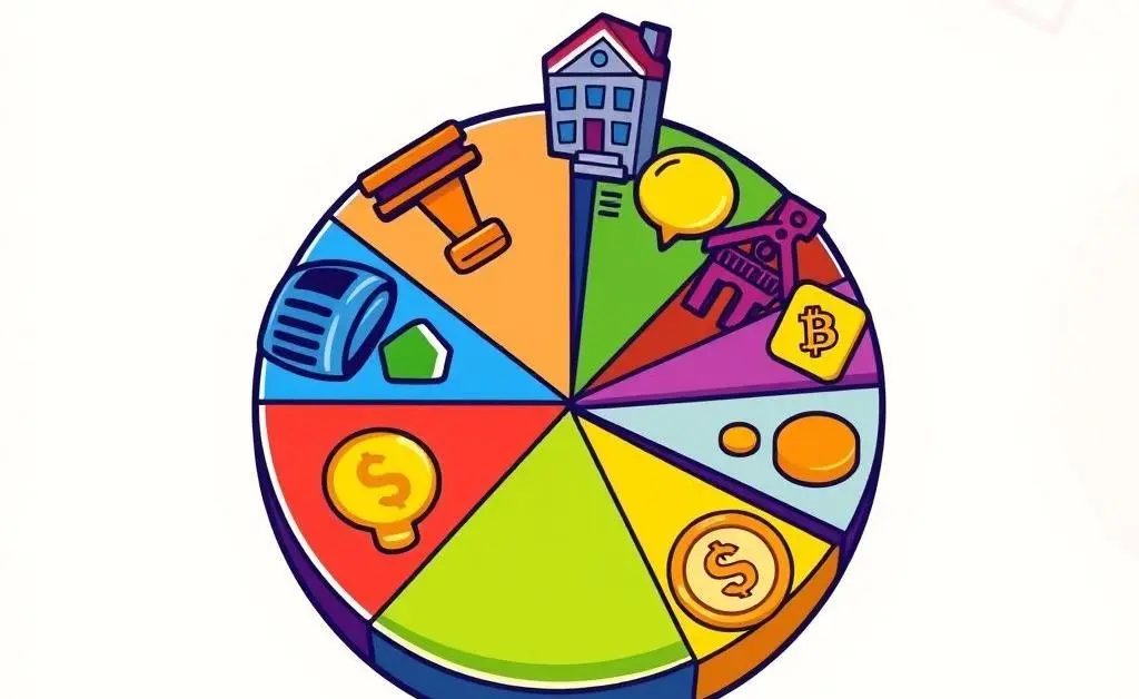 Cartoon-style drawing of a pie chart labeled 'Diversified Portfolio' made out of various asset icons.