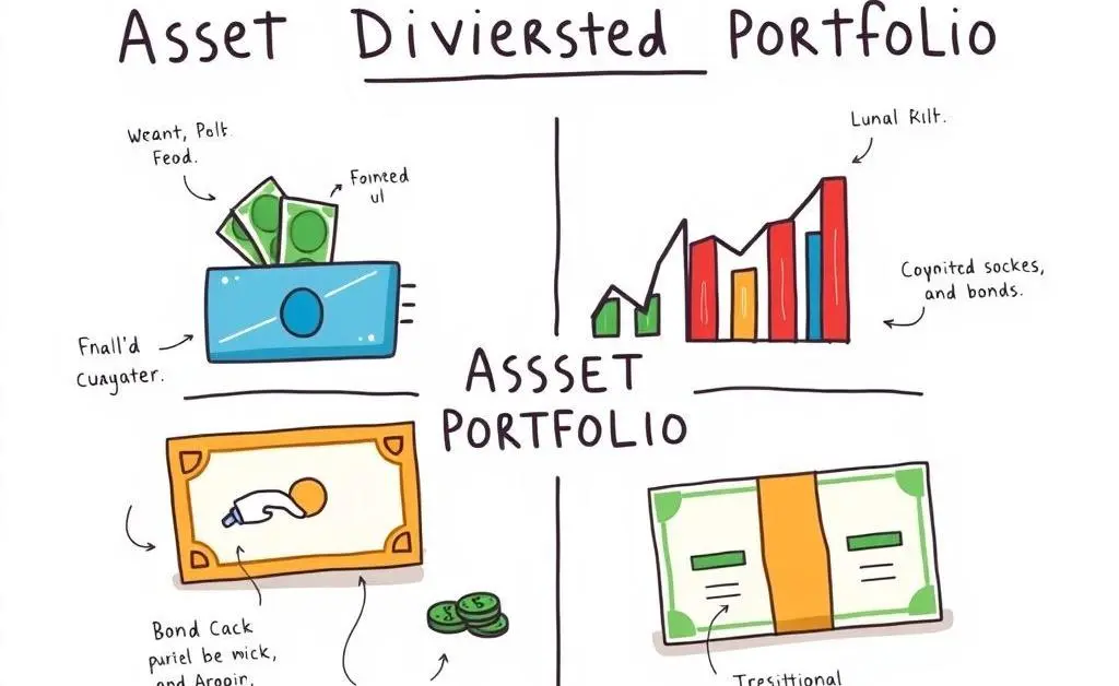 An illustrated chart showing a diversified portfolio strategy, including cash, stocks, and bonds