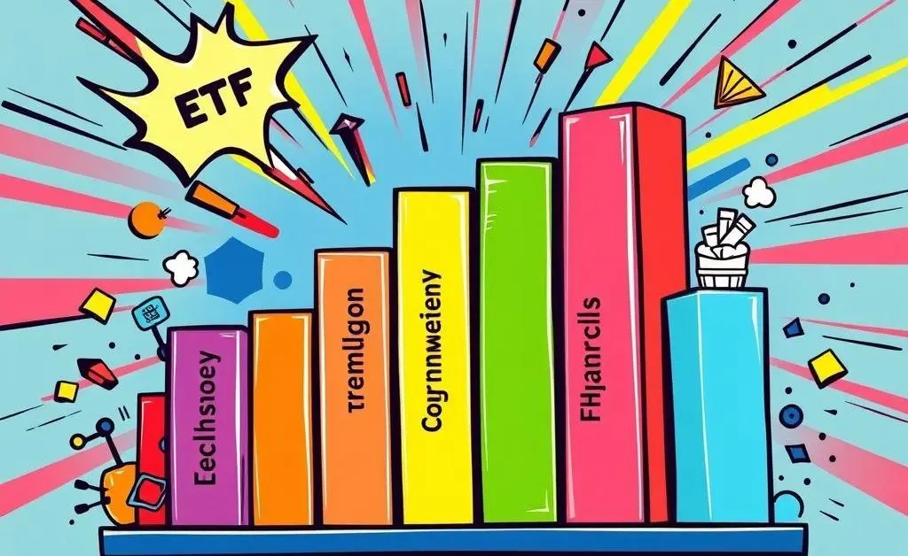 A cartoon-style bar chart depicting a diversified investment portfolio of different ETF sectors.