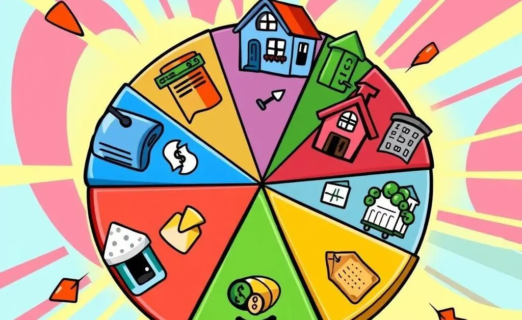 A cartoon-style chart showing a diversified investment portfolio with stocks, bonds, and real estate.