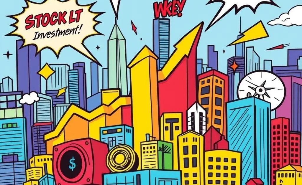 A comic-style illustration of a diverse portfolio with stocks, bonds, and real estate icons.