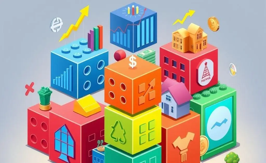 Illustration of diverse blocks representing different investment types like stocks, bonds, real estate, and more.