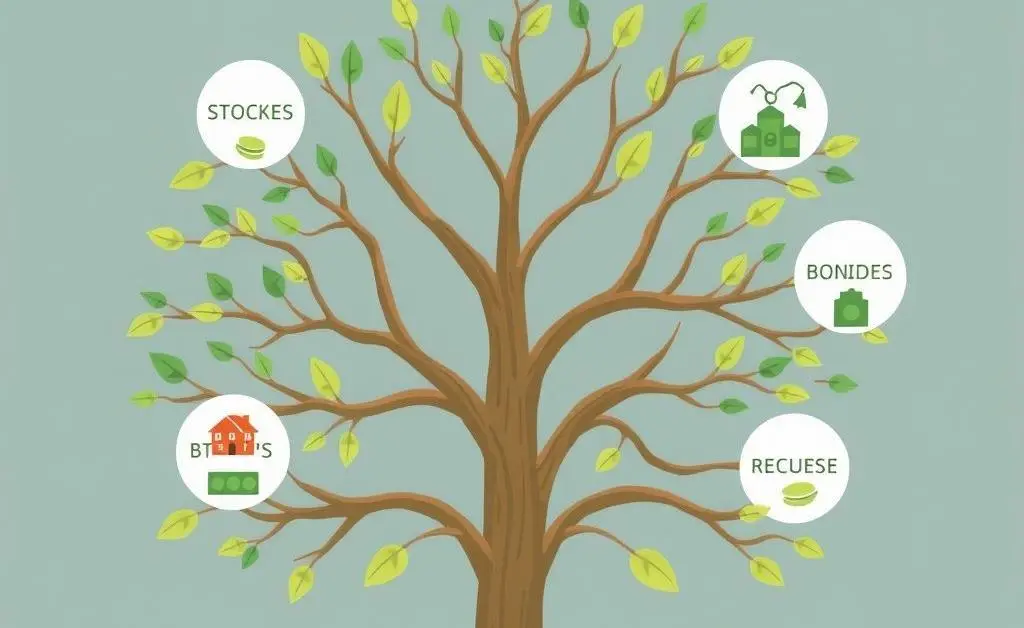 Illustration of a tree with branches representing different investment types like stocks, bonds, and real estate.