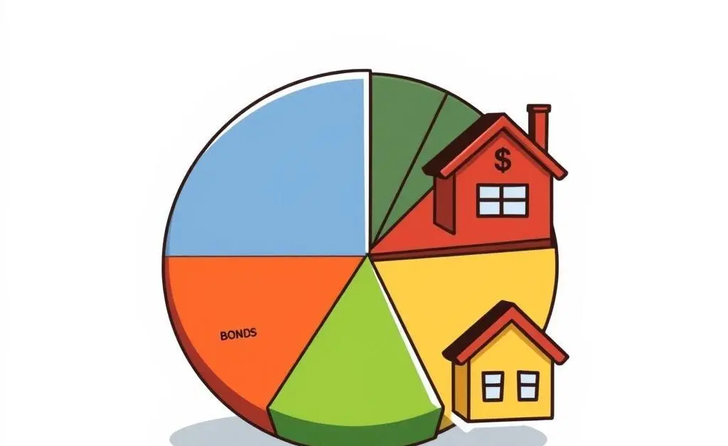 A cartoon showing a pie chart representing diversified investments in stocks, bonds, and real estate.