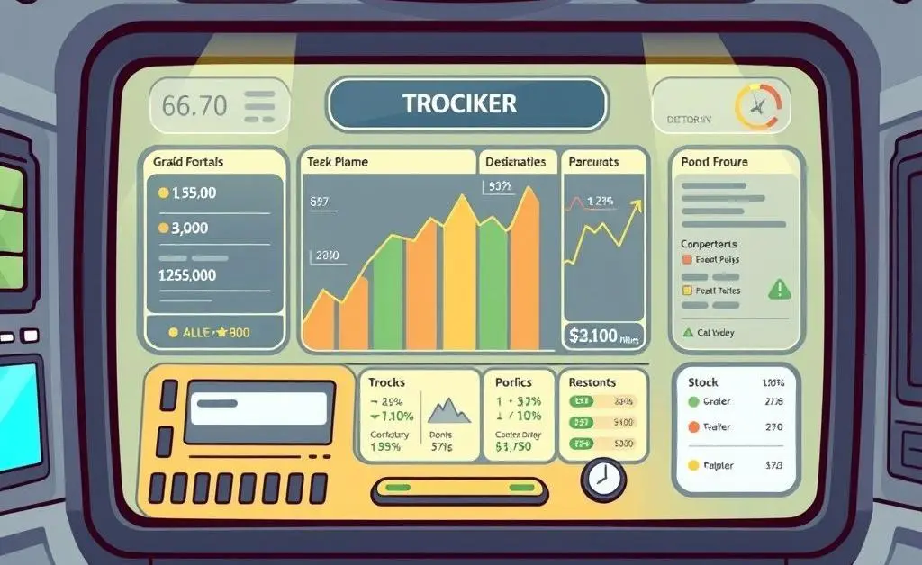 A cartoon-style panel showing a futuristic console with a diversified portfolio, stocks, and bonds.