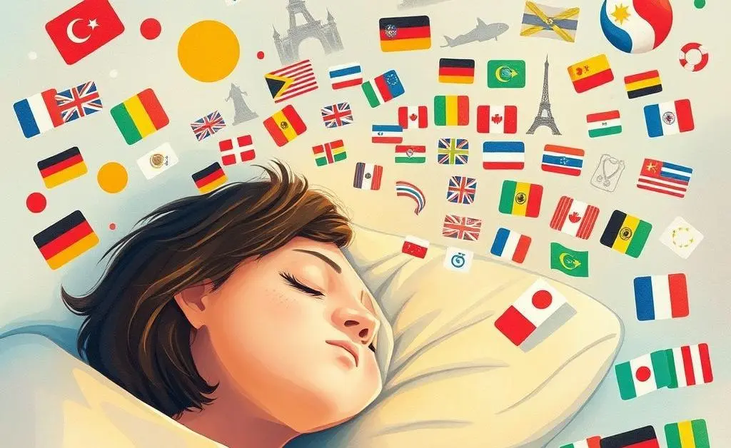 Artistic illustration of a person dreaming of a diverse portfolio with various international flags.