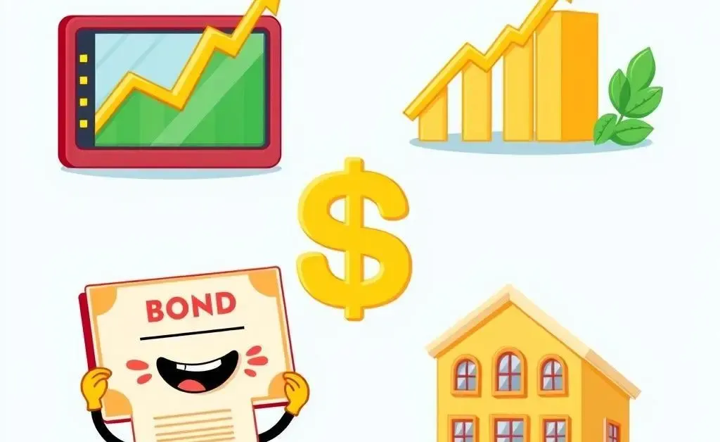 Cartoon icons representing different investment types like stocks, bonds, and real estate.