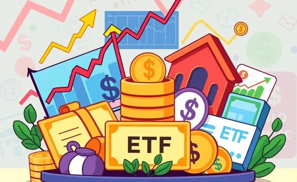 Cartoon-style depiction of a diverse investment portfolio showing stocks, bonds, and ETFs.