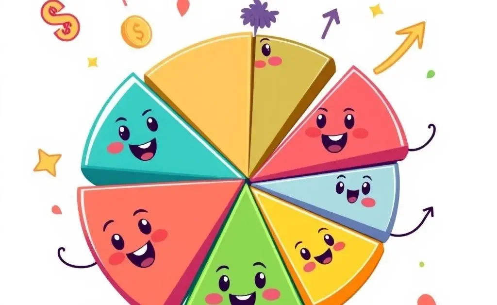 A cartoon-style illustration of a diverse portfolio allocation pie chart.
