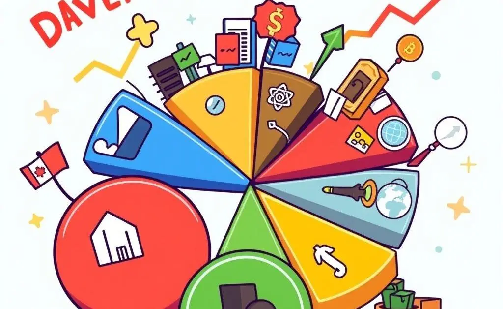 Cartoon depicting a diversified portfolio with pie charts and different asset icons.