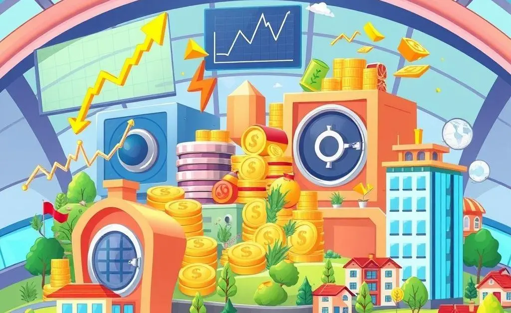 Diversified investment portfolio illustration with stocks, bonds, and real estate