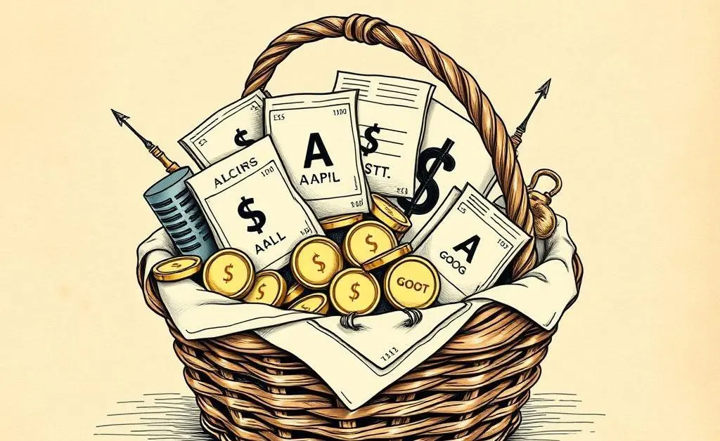 Basket with varied assets labeled with stock symbols and dollar signs.