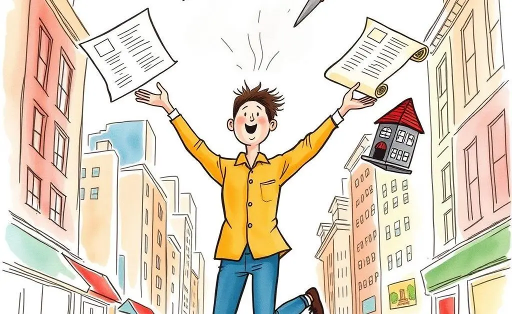 A person juggling different investment options including stocks, bonds, and real estate.