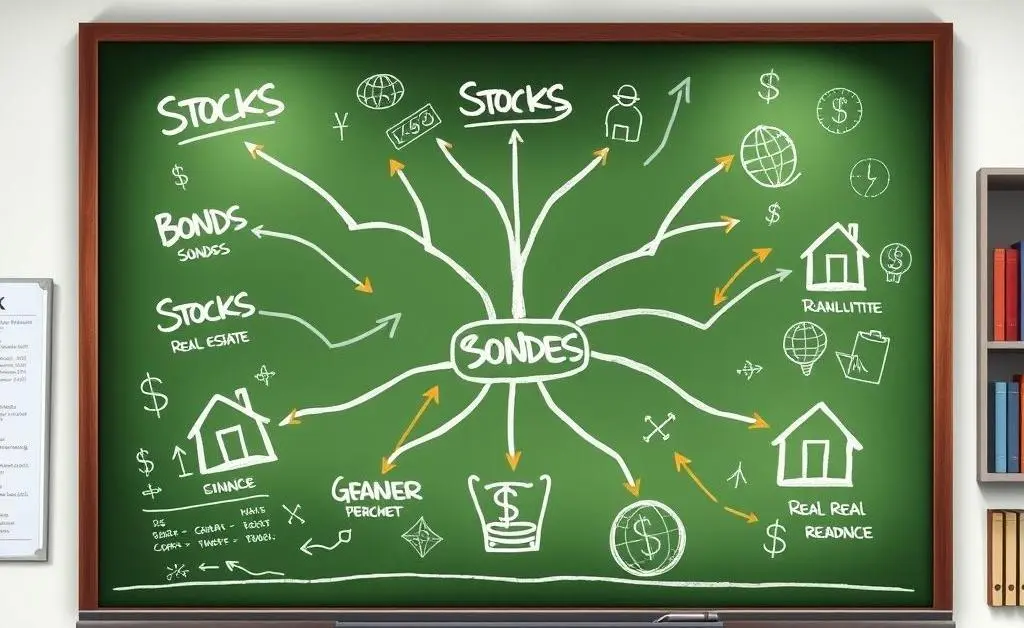 A chalkboard with different paths leading to various investment options like stocks, bonds, and real estate.