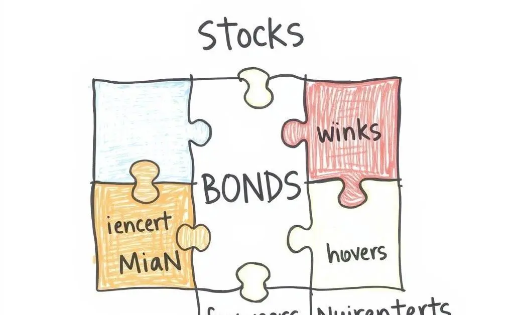 A hand-drawn image of a puzzle with pieces labeled stocks, bonds, and other investments fitting together.