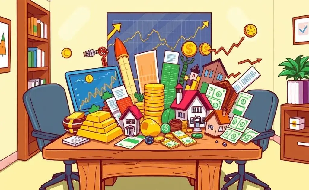 A simple cartoon of a table filled with various investment options like stocks, gold, and property to represent a diversified portfolio.