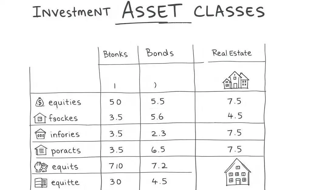 A hand-drawn table illustrating different asset classes such as stocks, bonds, and real estate