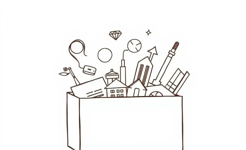 A minimalist, hand-drawn representation of a diversified portfolio in a box.