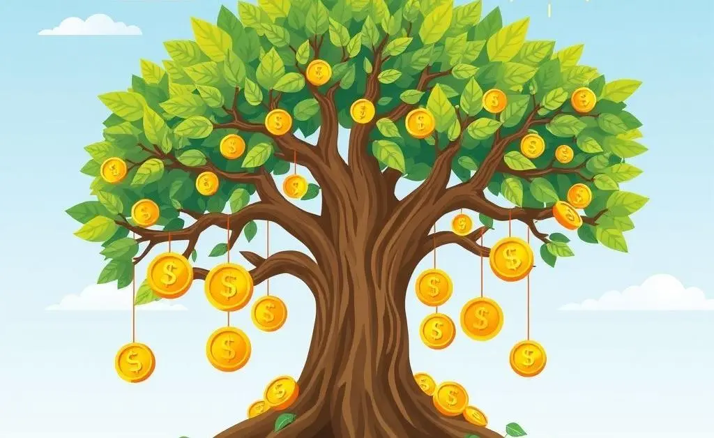 A tree with coins on its branches illustrating dividend growth.