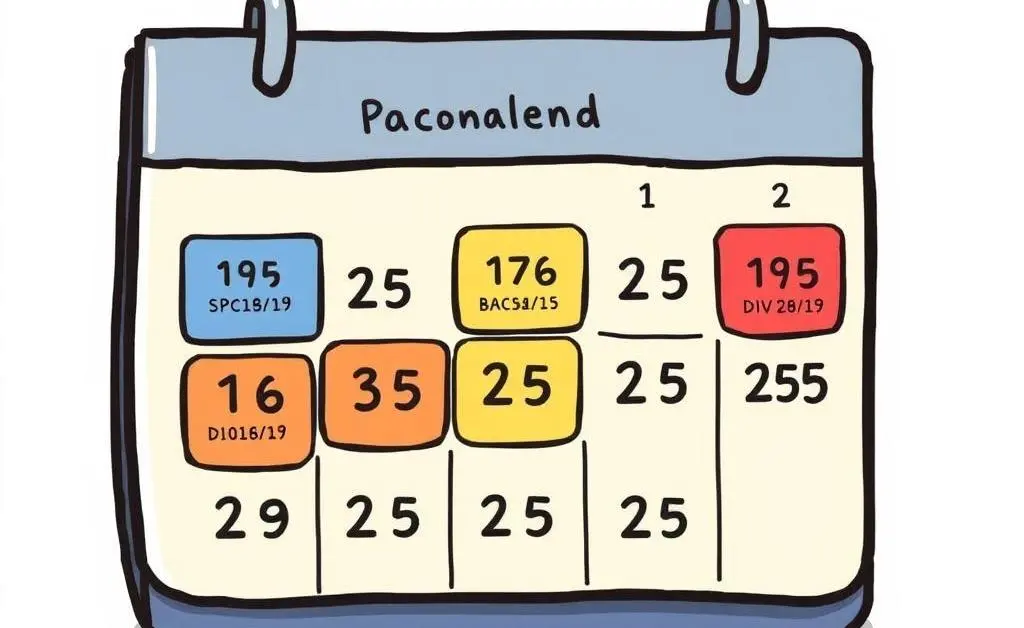 A colorful, cartoon-style calendar showing marked dividend payment dates.