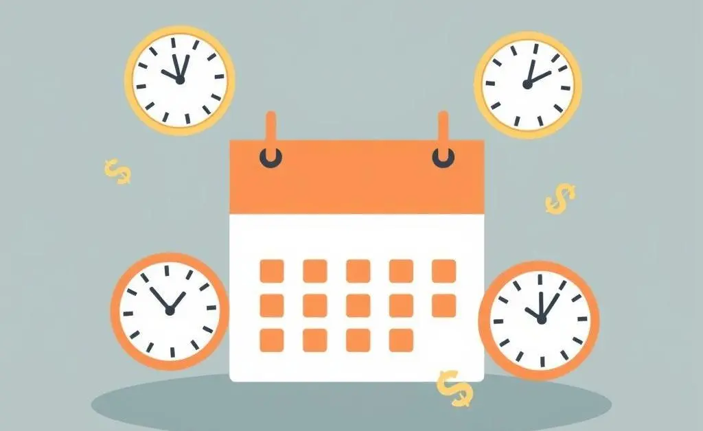 Minimalist illustration of a calendar with clocks and dollar signs scattered around, symbolizing the timing of dividend payments.
