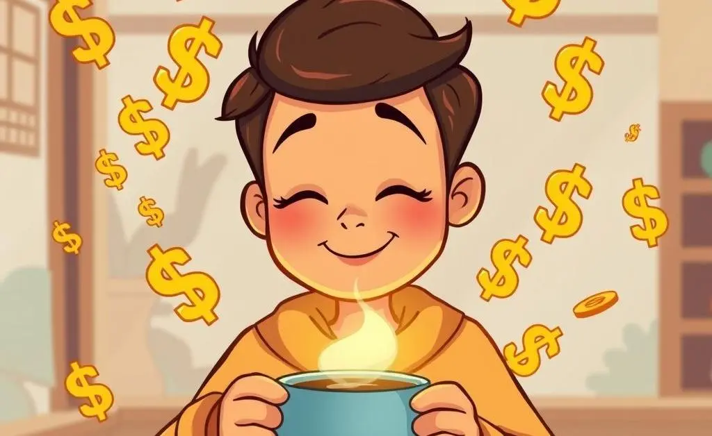 Serene person sipping coffee with dividend symbols around them.