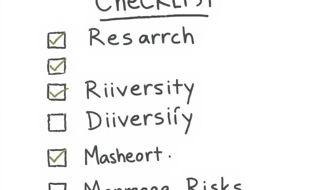 A hand-drawn style checklist with items such as 'Research', 'Diversify', and 'Manage Risks'.