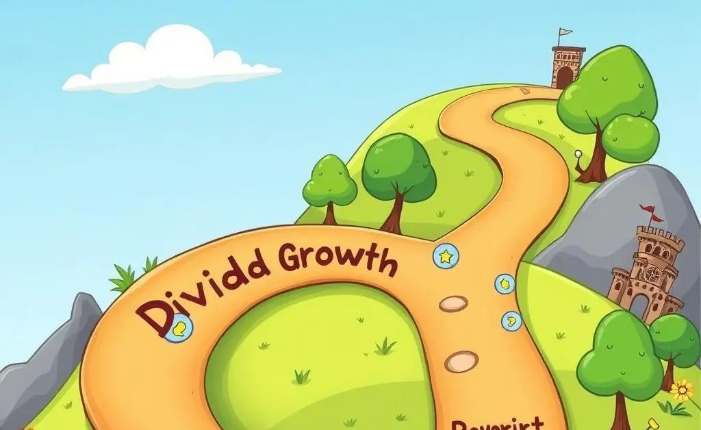 Winding path labeled 'Dividend Growth' with stopovers at 'Risk', 'Reward', 'Stability'