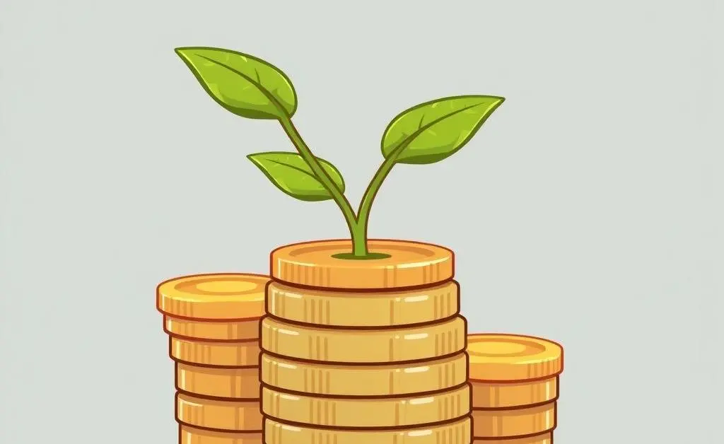 A cartoon-style illustration of a plant growing from a stack of coins, symbolizing dividend growth.