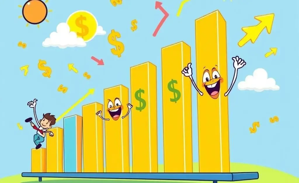 A cartoon-style timeline showing the growth of dividend returns over several years.