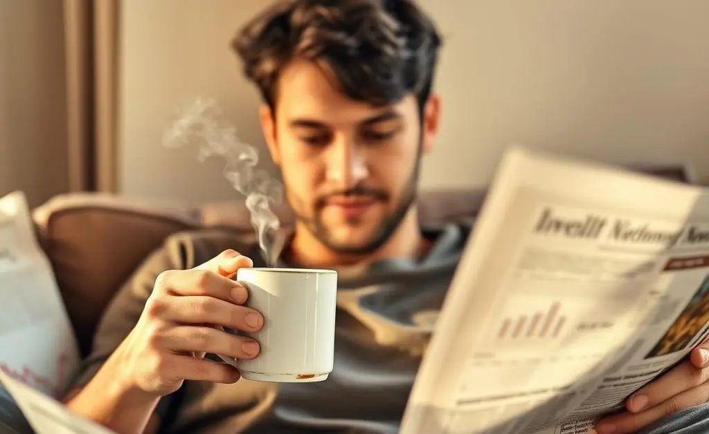 Person with a coffee mug browsing a financial newspaper