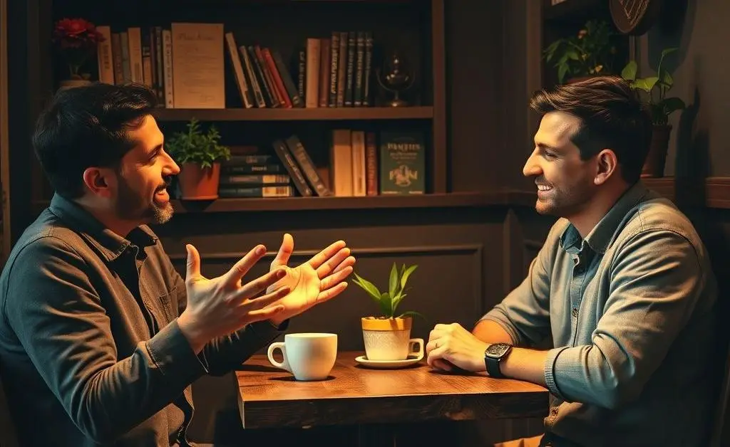 Two people in a café discussing investing
