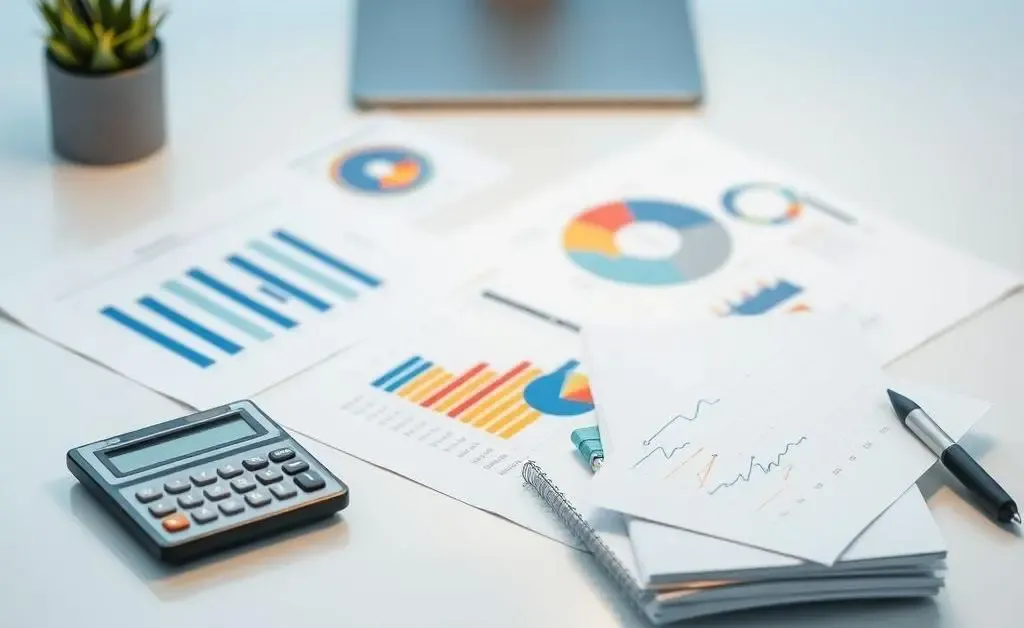 Basic investment tools like calculator and graphs on a table