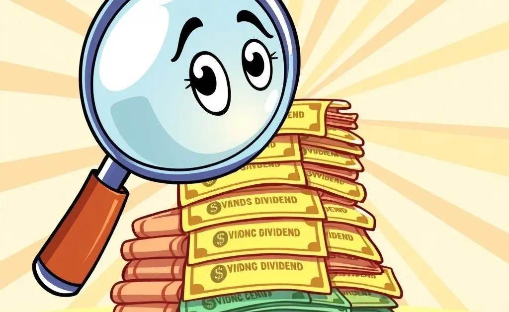 Cartoon-style image of a magnifying glass over a stack of dividends.