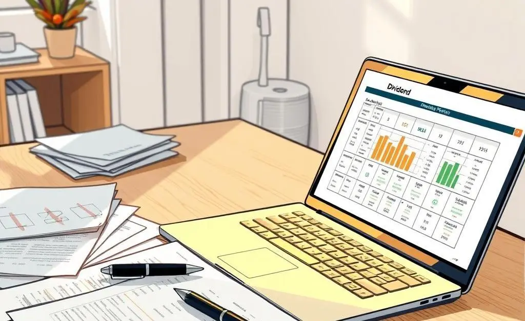 Desk with dividend portfolio plan and financial tools.