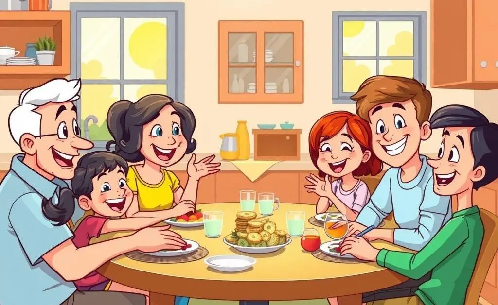 Family talking about investments over dinner