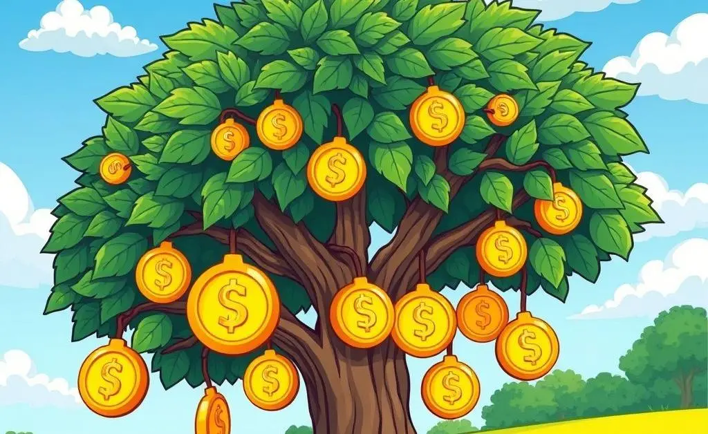 Cartoon drawing of a tree with coins representing dividend stocks.