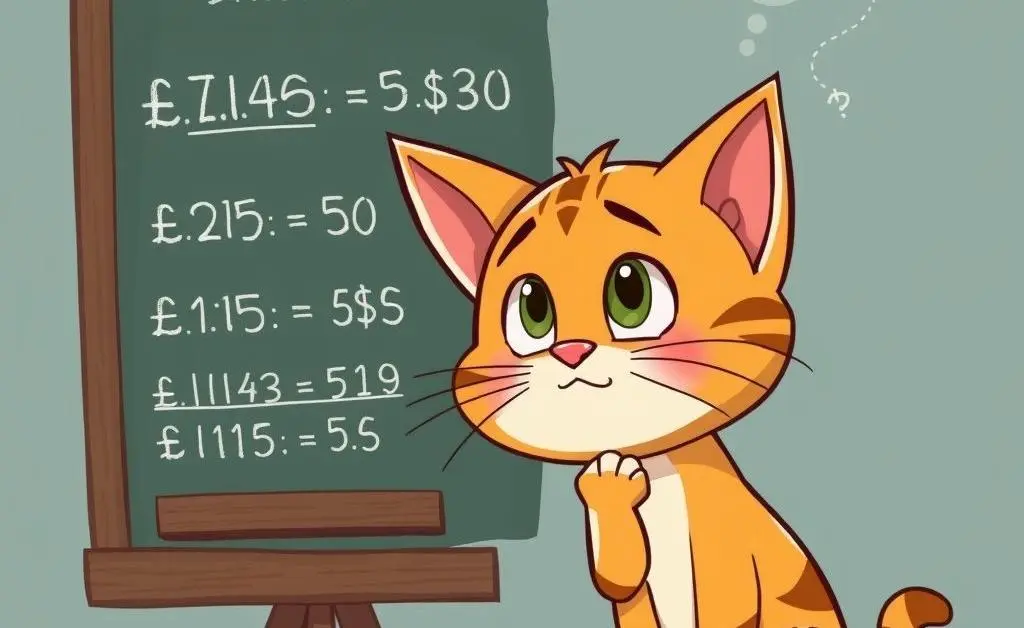 A curious cartoon cat pondering a chalkboard with financial formulas and dividend symbols