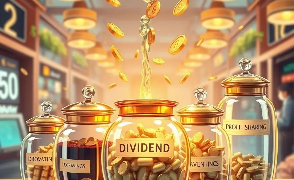 Illustration of dividends being distributed into various-sized containers, labeled with different benefits.