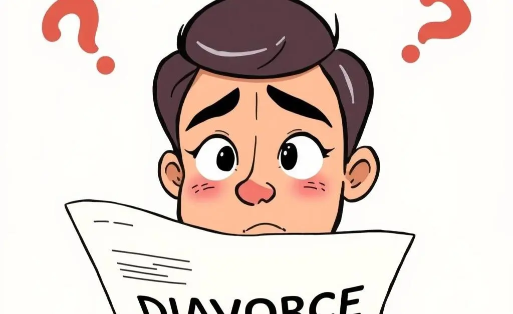 Cartoon-style image of a person looking at divorce papers with a confused expression.