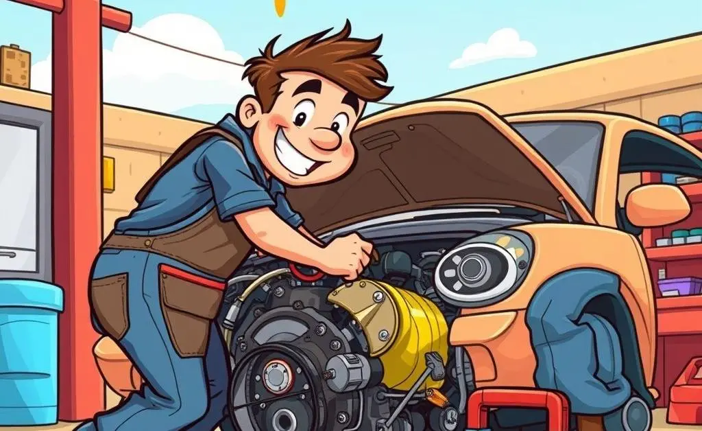 A person in overalls fixing a car engine.