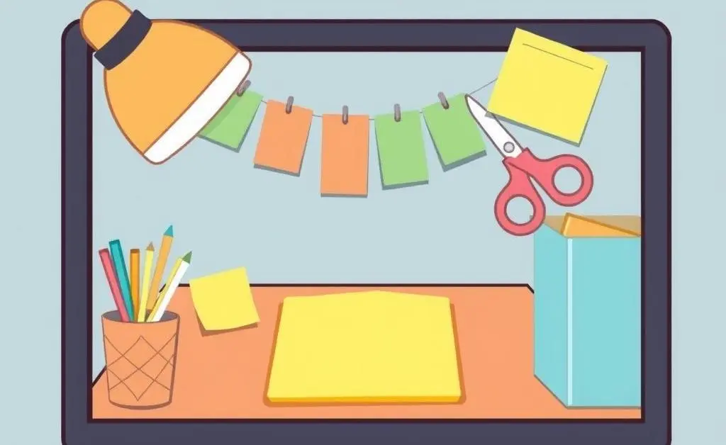Illustration of a do-it-yourself desk decor project with colorful paper, scissors, and sticky notes.