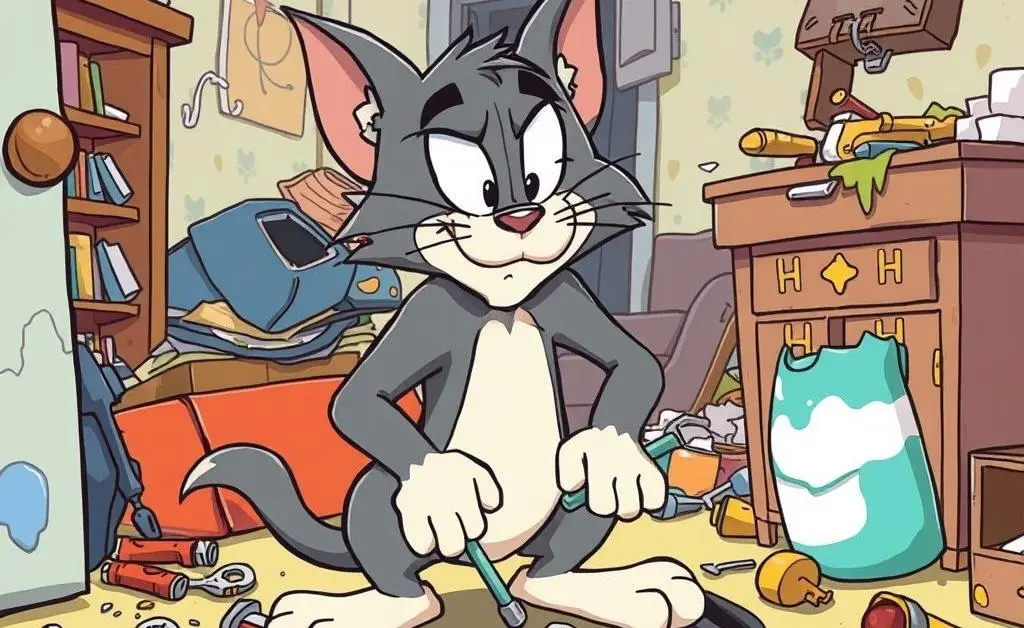 Tom attempting a DIY repair with tools scattered, while the state of the house worsens