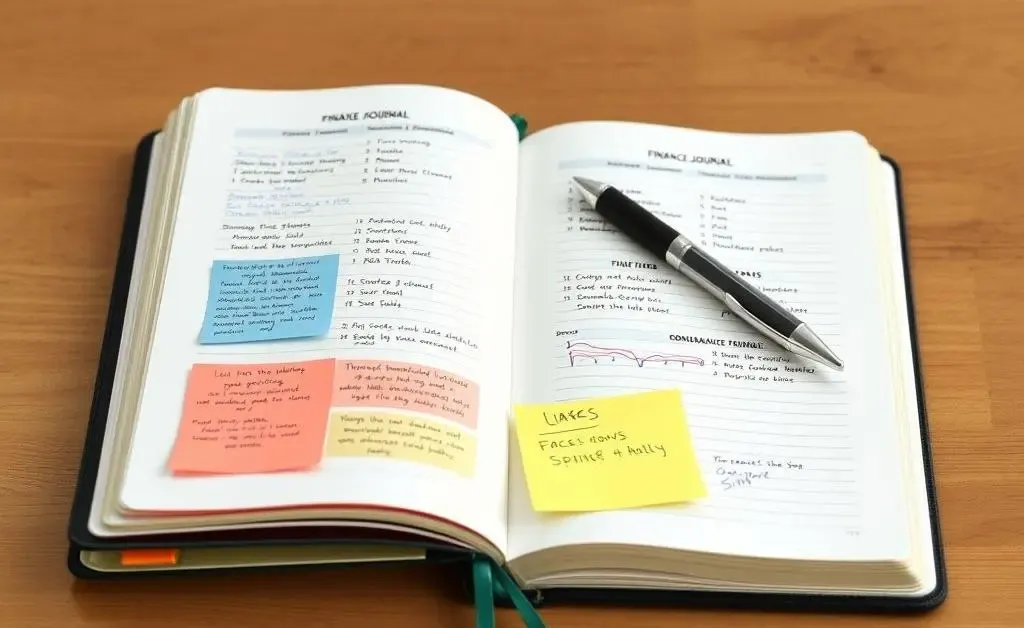 DIY finance journal open with colorful notes