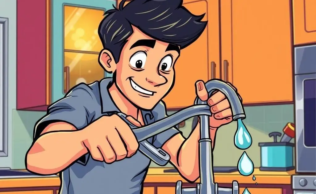 A cartoon-style image of someone fixing a leaky faucet in their kitchen.