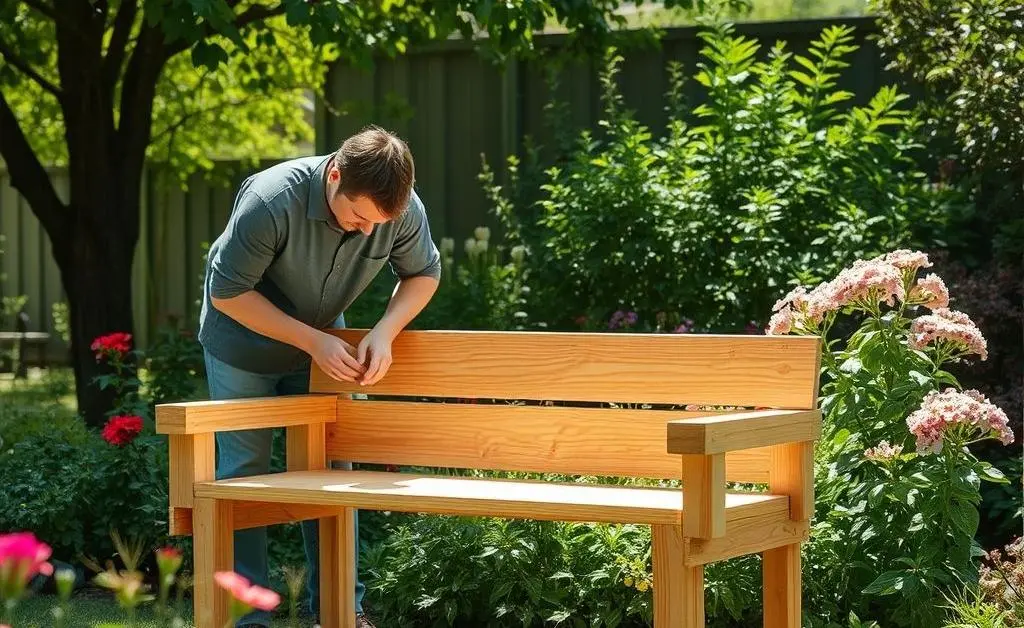 A person creating a simple DIY wood bench for a garden space