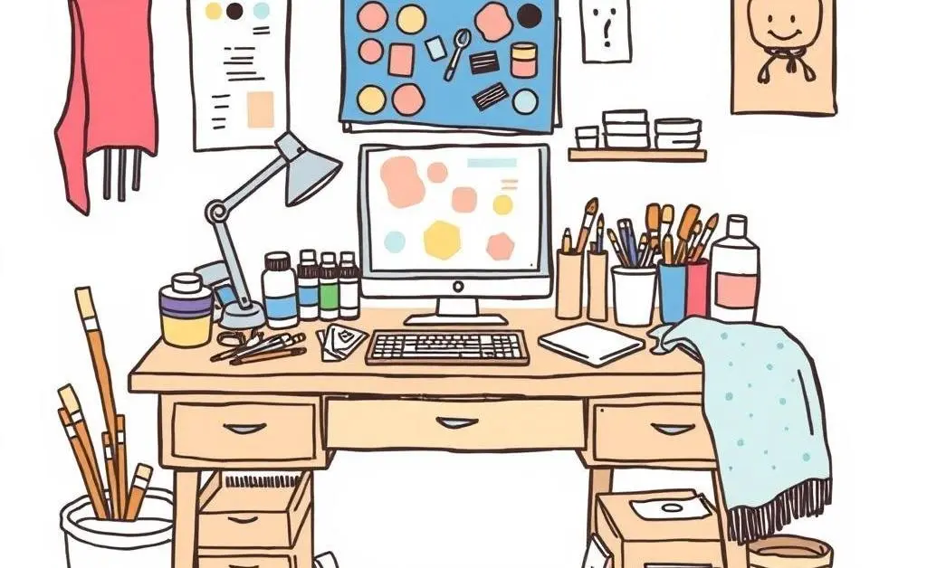 A desk cluttered with paint, fabric, and other DIY materials.